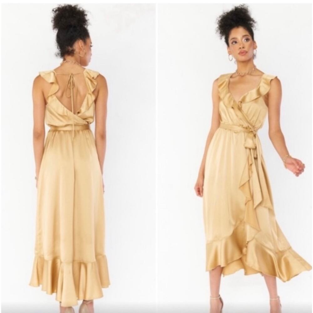 Show Me Your Mumu Dress Extra Small Samantha Ruffle Dress True Gold Bridesmaid